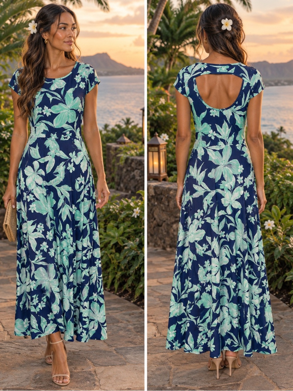 Tori Richard Navy Dress with Mint Floral Print